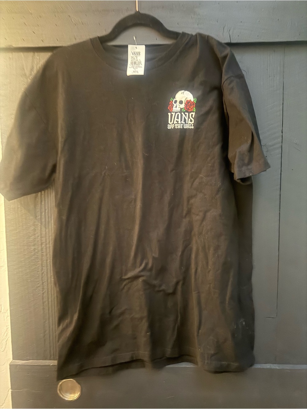 Vans Black Tee with Skull and Red Rose Chest Graphic